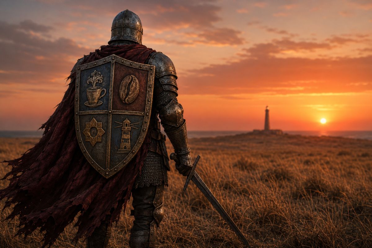 A medieval knight in weathered armour stands in a golden field at sunset, carrying a four-part heraldic shield and looking toward a distant lighthouse.