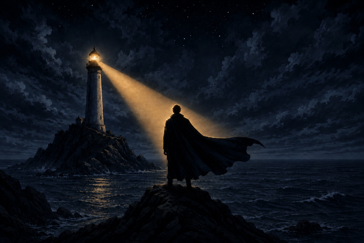 A solitary caped figure stands on a rocky outcrop at night as a lighthouse beam shines directly toward him across the dark sea.