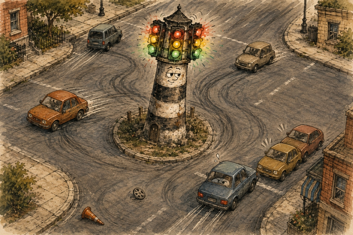 Hand-drawn aerial illustration of a confused blue car stopped at a junction while red, yellow and green traffic lights flash simultaneously from a smug lighthouse in the centre.