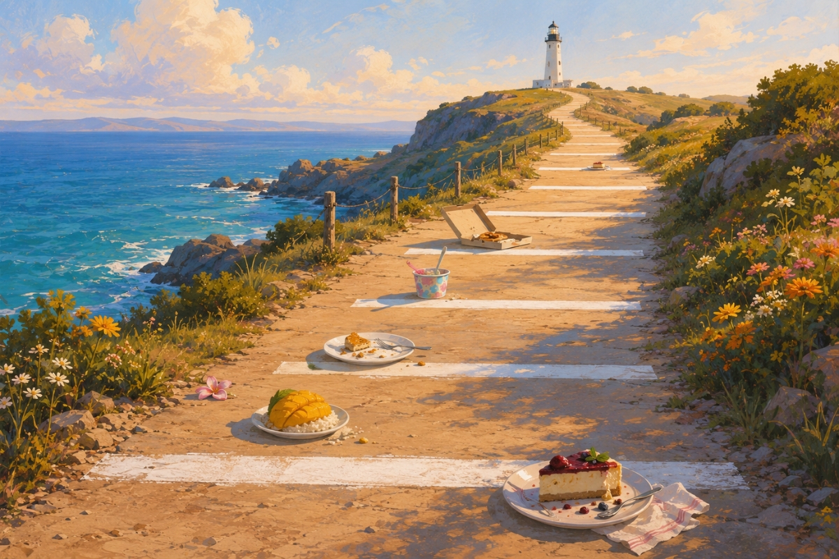A sunlit coastal path leads toward a single lighthouse, with repeated white starting lines and plates of food marking each postponed beginning.