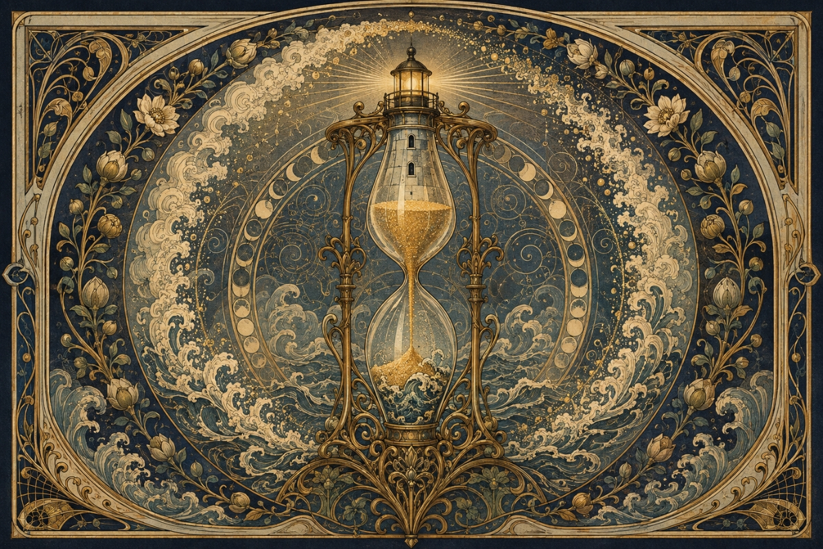 Art Nouveau illustration of a lighthouse-shaped hourglass with golden sand falling endlessly as waves, mist, and particles circle back to the top.