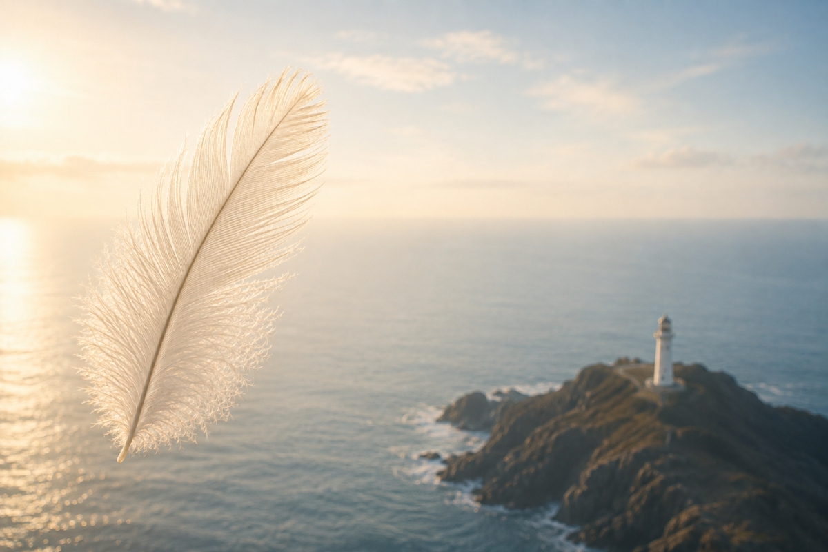 A white feather floats sharply in the foreground while a distant lighthouse stands on a rocky headland across the softly blurred sea.