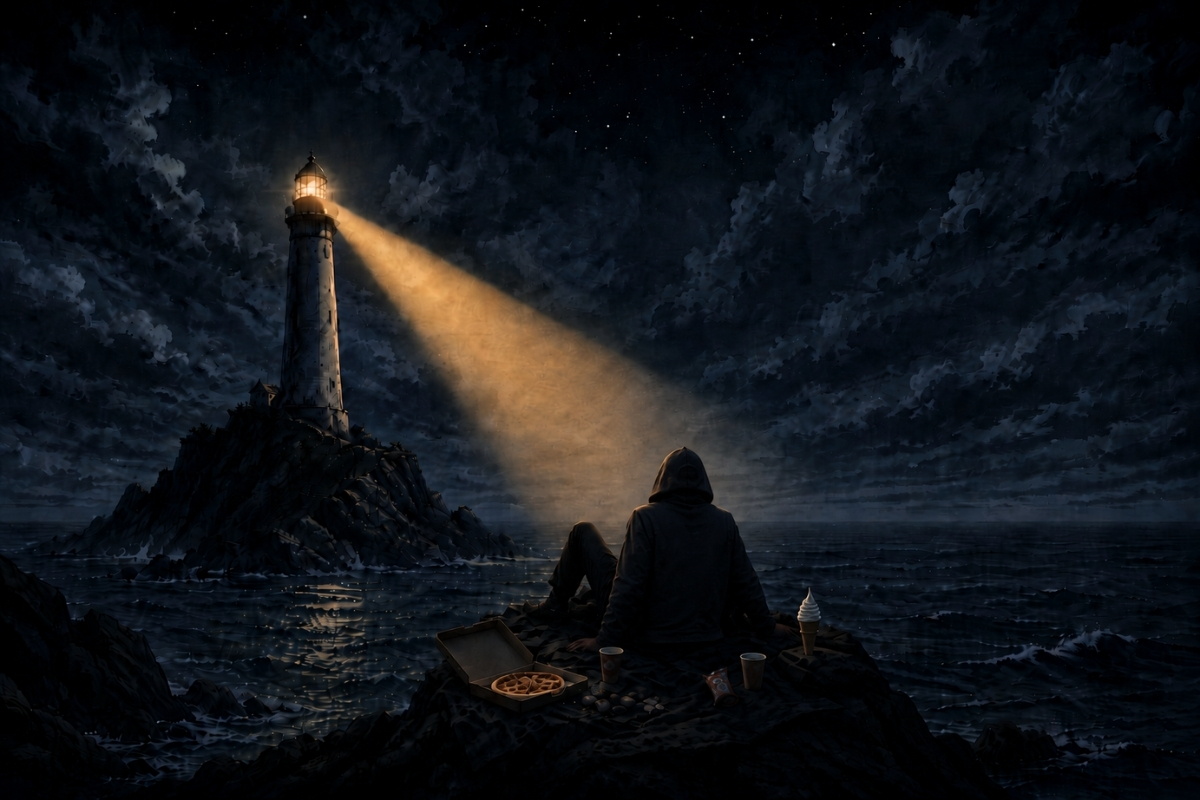 A hooded figure sits on a rocky outcrop at night with pizza and snacks, watching a lighthouse beam shine across the dark sea.