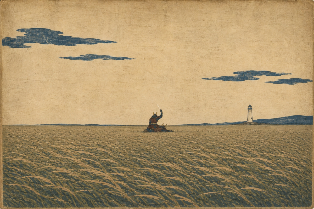 Distant ukiyo-e scene of two armored samurai in a windswept field, one kneeling with a raised dagger, with a white lighthouse on the horizon.