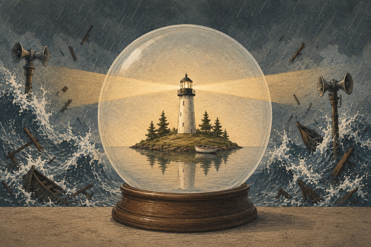 A glass snow globe containing a calm lighthouse island stands between violent storm waves, while warm lighthouse beams shine outward through the glass.