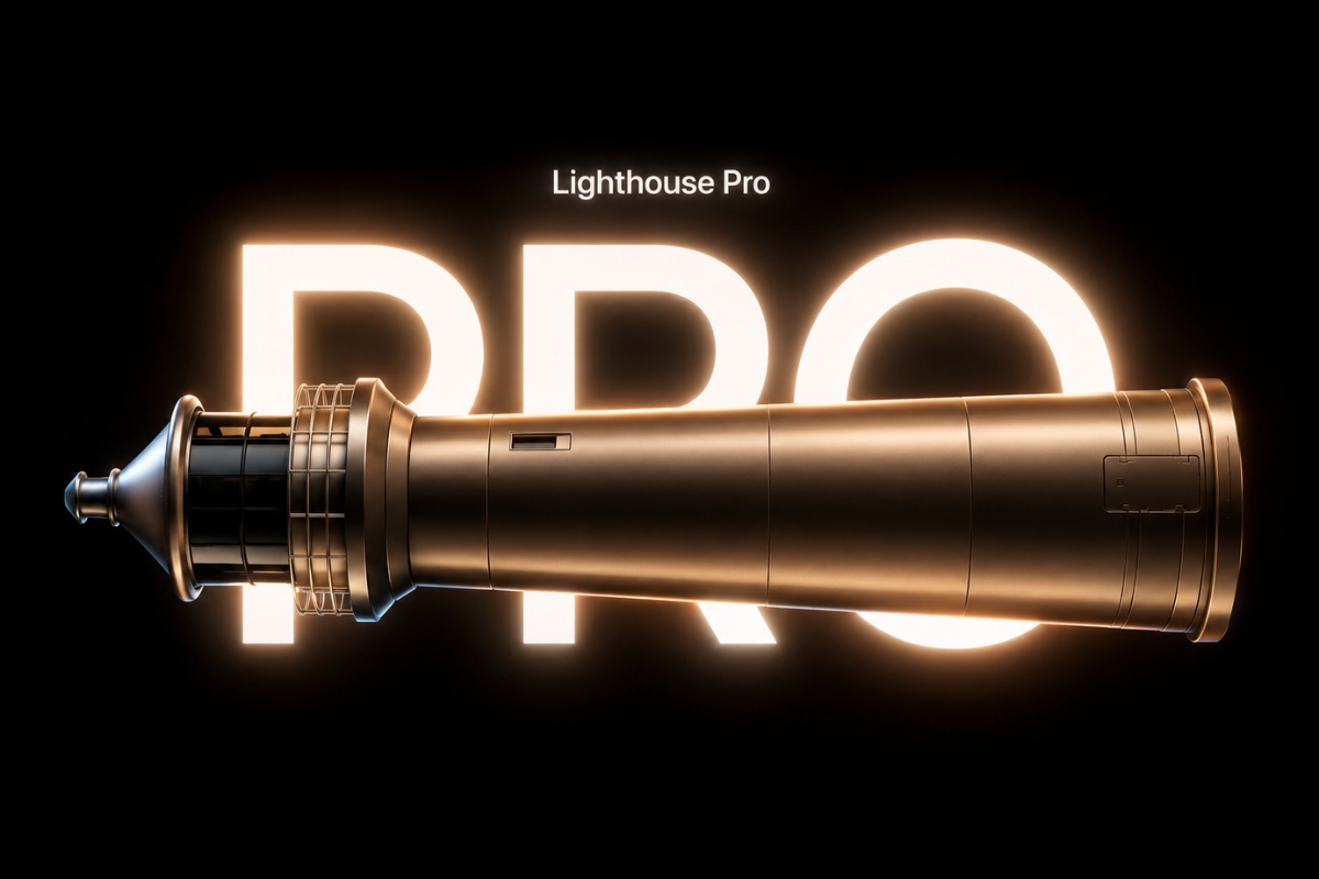 A bronze metallic lighthouse displayed horizontally against a black background, styled like a premium technology launch, with glowing “PRO” lettering behind it and the words “Lighthouse Pro” above.