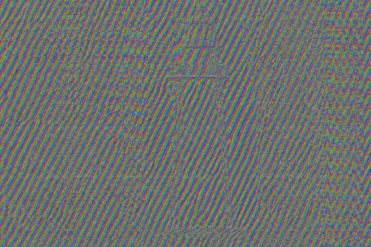 Colourful Magic Eye autostereogram with a hidden three-dimensional lighthouse revealed when the repeating pattern is viewed with relaxed focus.