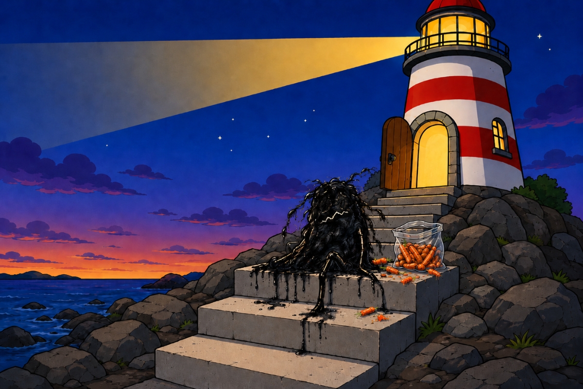 A black, eyeless, ink-like creature sits on the fourth stone step of a lighthouse staircase at dusk, blocking the path to an open glowing door, with carrots scattered beside it and the lighthouse beam shining overhead.