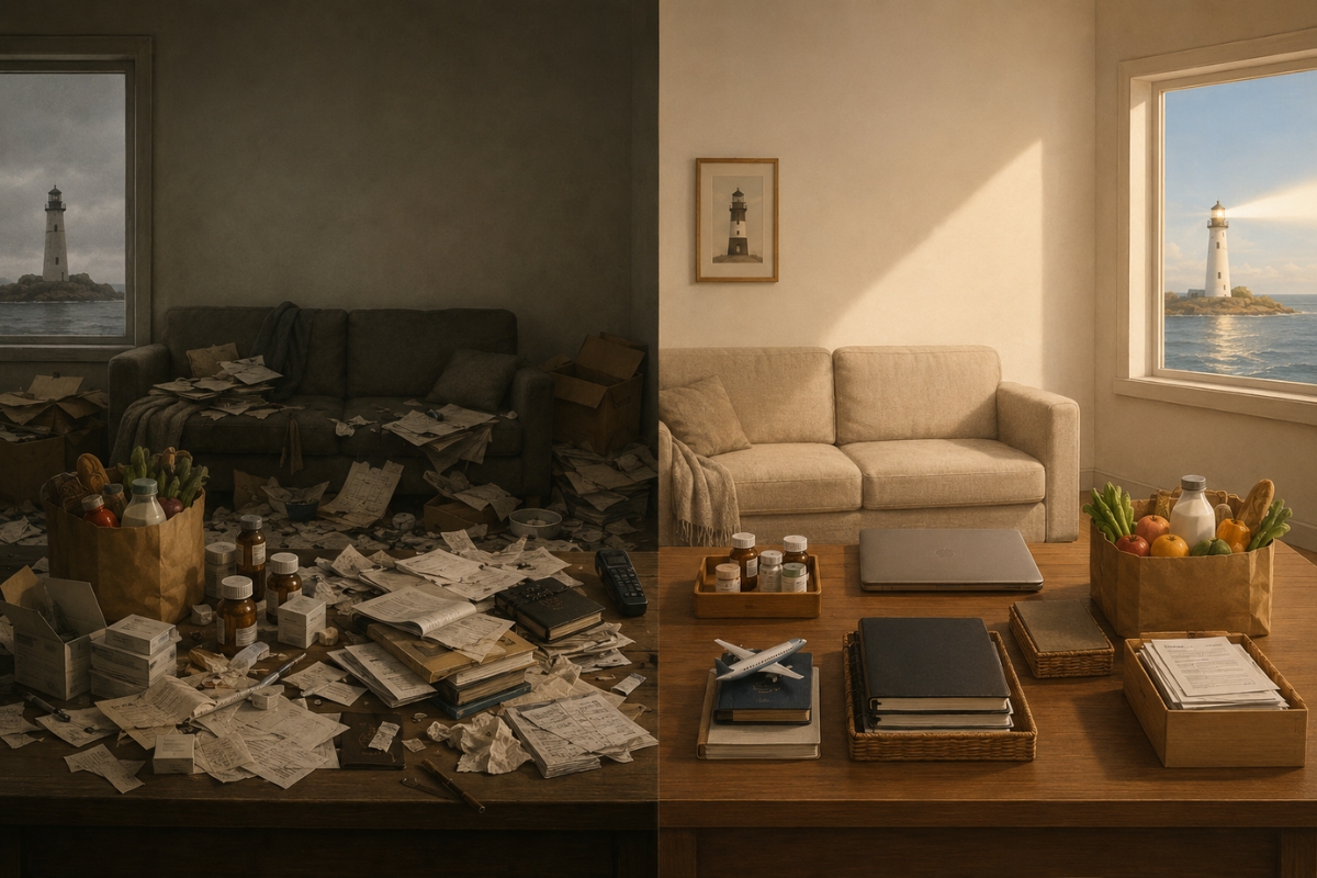 Split illustration of two domestic rooms: one cluttered and chaotic with scattered papers, medicine and groceries, and a dark lighthouse outside the window; the other neat and organized with sorted tasks on a table and a lighthouse outside shining its beam.