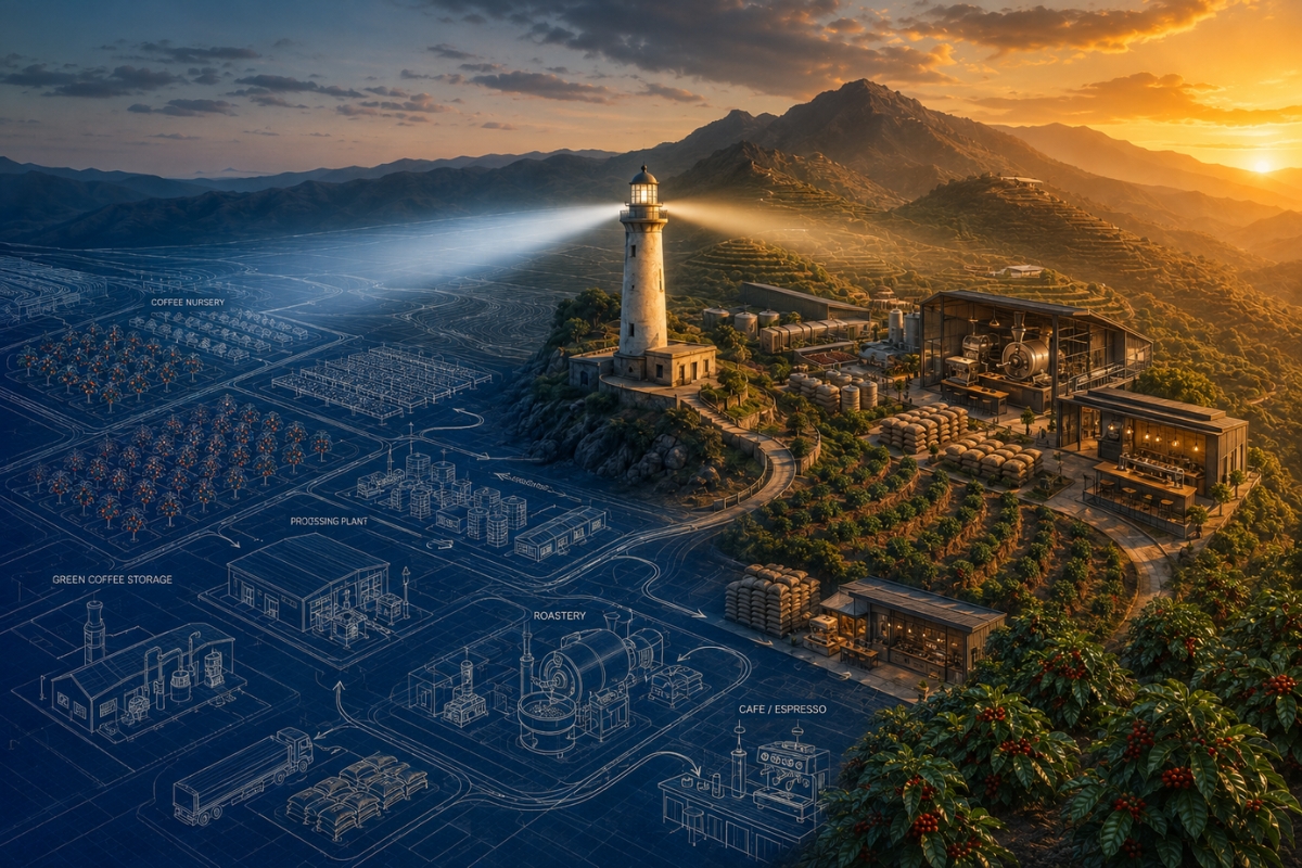A lighthouse stands between a blue technical blueprint and a real terraced coffee landscape, showing the planned journey from coffee nursery and processing plant to roastery, bean storage and café.