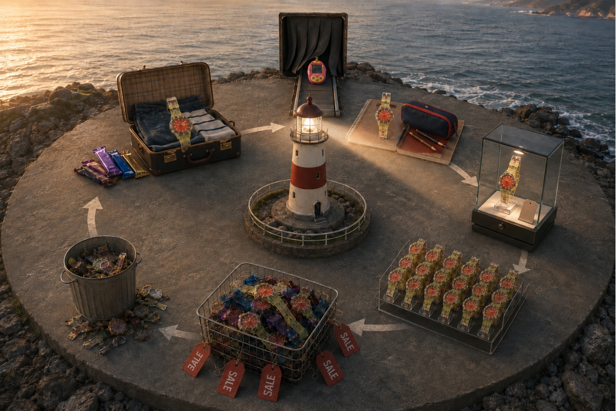 A lighthouse stands at the centre of a circular trend cycle moving from a suitcase to a watch display, retail shelves and a sale basket.