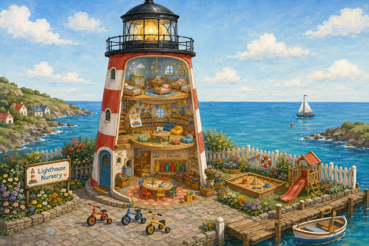 Illustrated seaside lighthouse converted into a children’s nursery, with cutaway floors showing play, reading and nap rooms, surrounded by a garden, playground and calm blue sea.