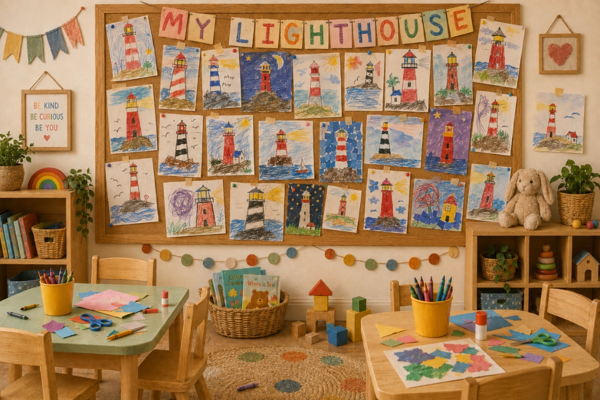 Nursery classroom bulletin board filled with children’s lighthouse drawings in different styles and skill levels, topped with a “My Lighthouse” banner.