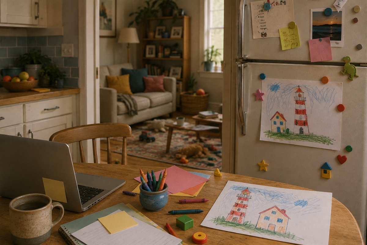 Warm family kitchen and dining area with a child’s drawing displayed on the fridge, suggesting home-based learning and a lived-in family space.