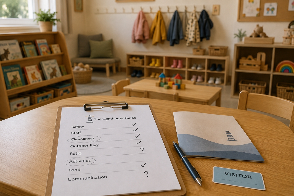 Clipboard with a nursery inspection checklist on a classroom table, featuring a small lighthouse logo in the header and a tidy nursery room in the background.