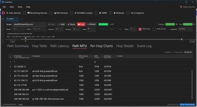 This screenshot shows hop by hop MTU under the Path MTU tab of HopMatrix.