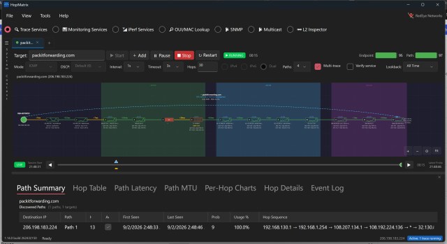This is a screenshot of the basic HopMatrix tracing feature. It shows colored boxes that highlight different AS along the path.
