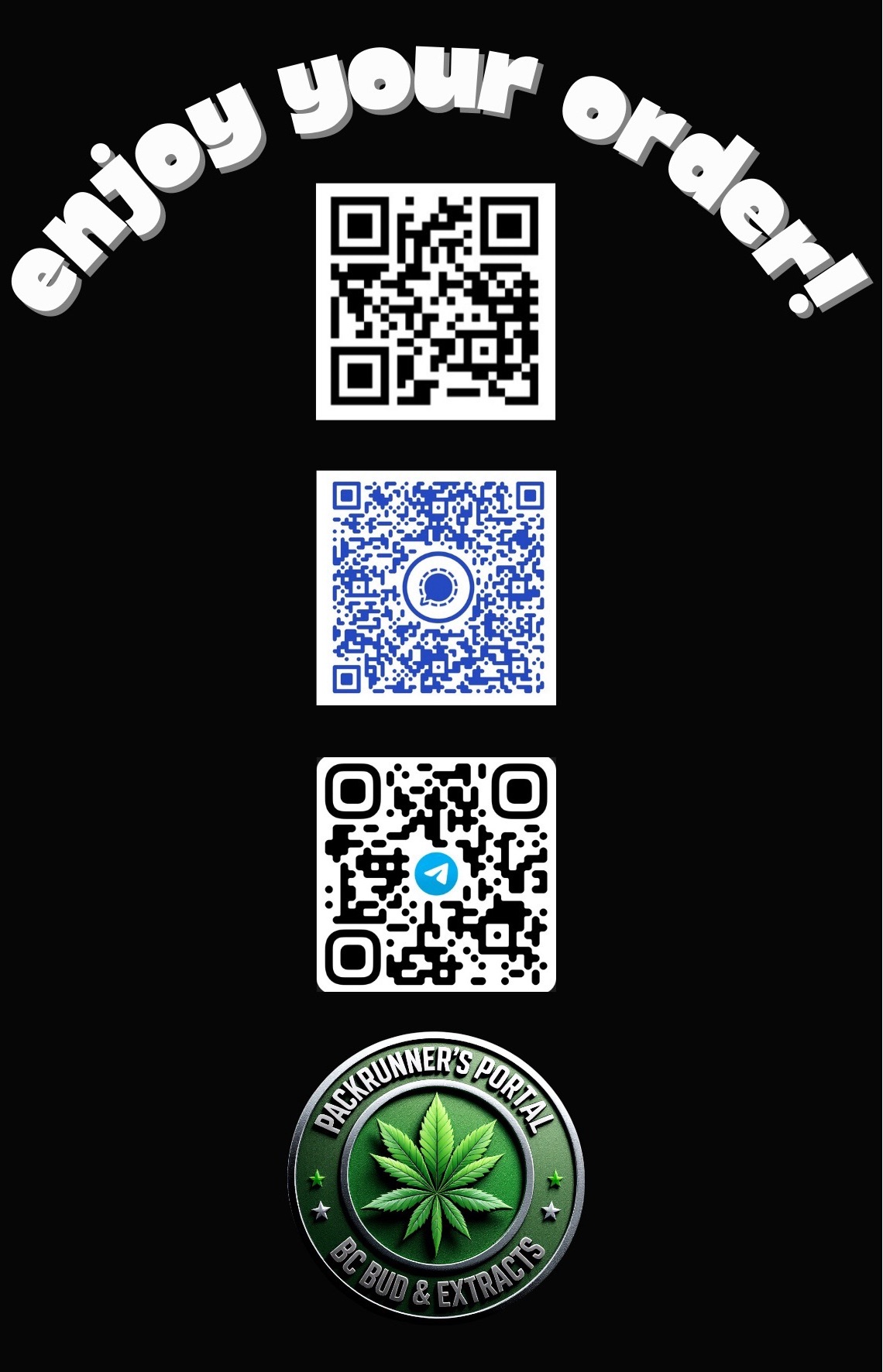 QR codes for the PackRunner website, Signal and Telegram