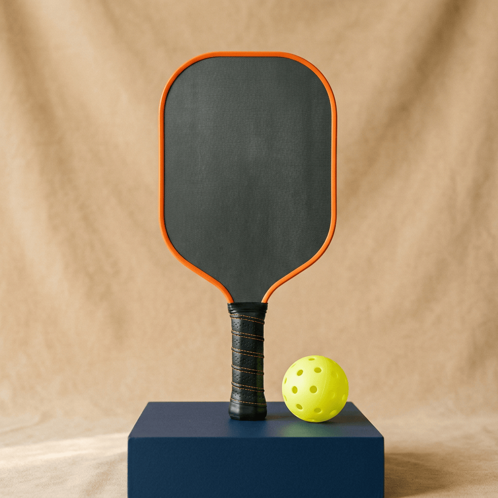 Grey graphite pickleball paddle with orange edge guard on sand backdrop