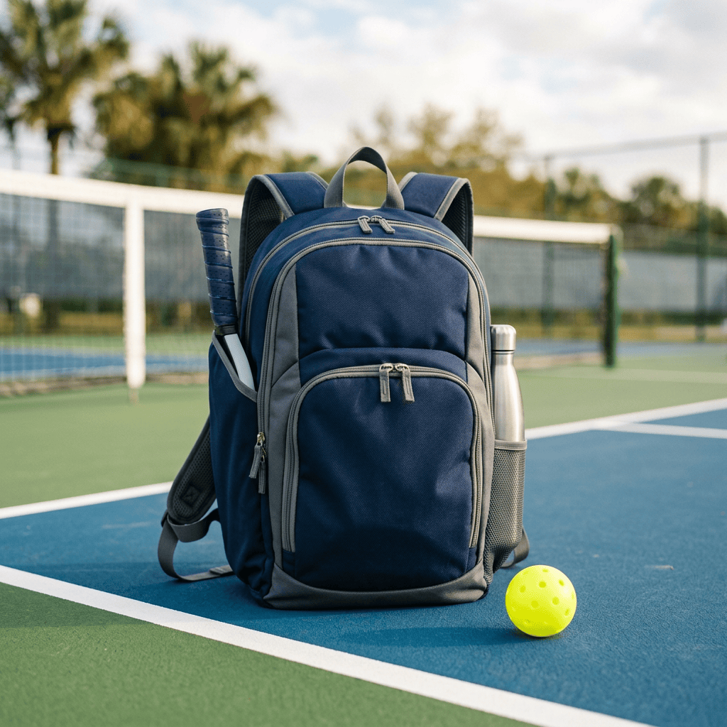 Navy and grey pickleball backpack with paddle sleeve courtside
