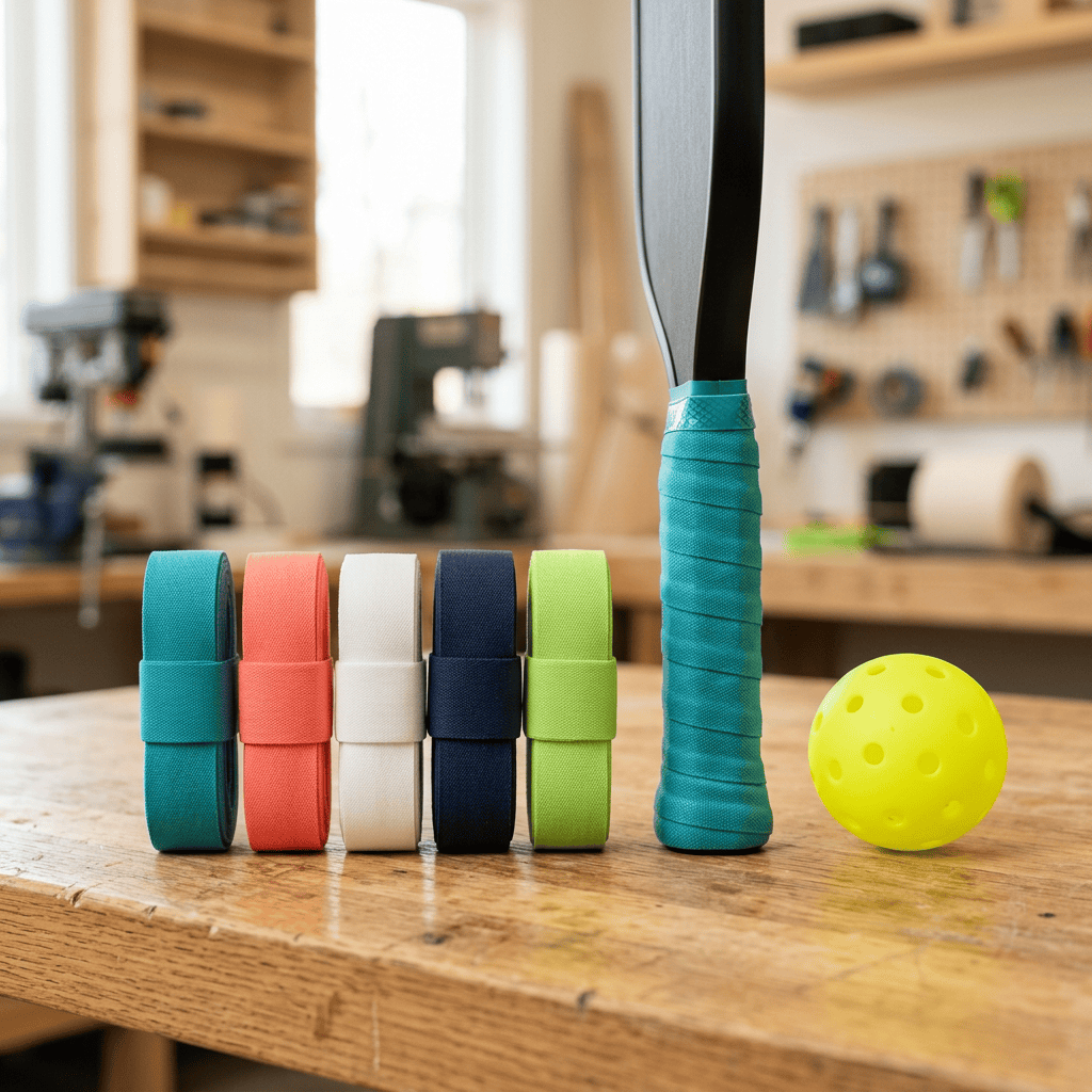 Colorful pickleball overgrip rolls and wrapped paddle handle