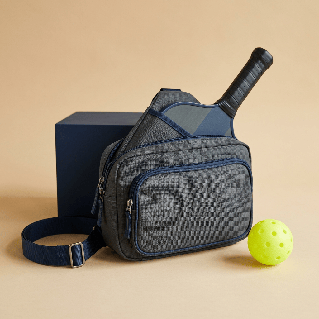 Grey crossbody pickleball sling bag holding a paddle