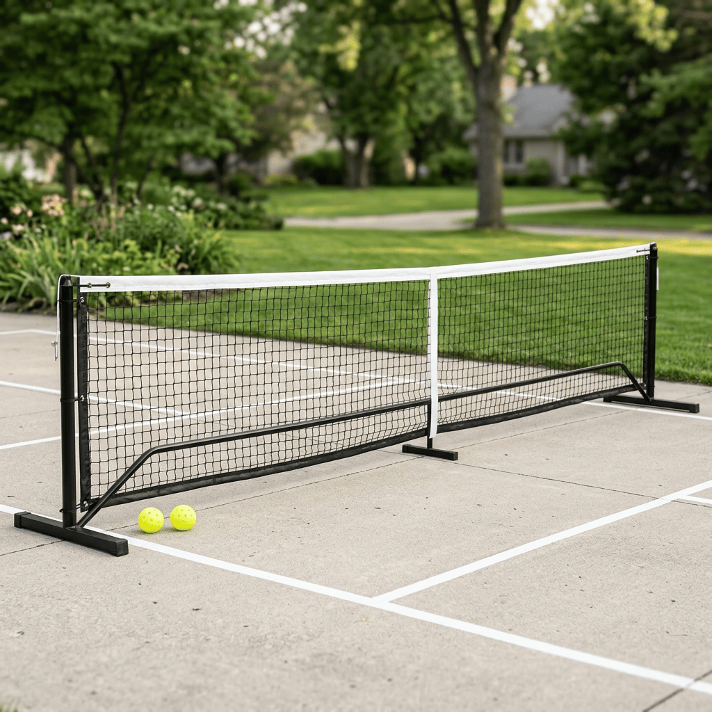 Portable pickleball net system set up on driveway
