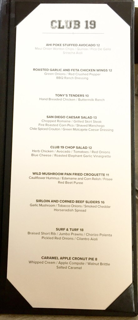 Petco Park 2016 Club 19 Menu