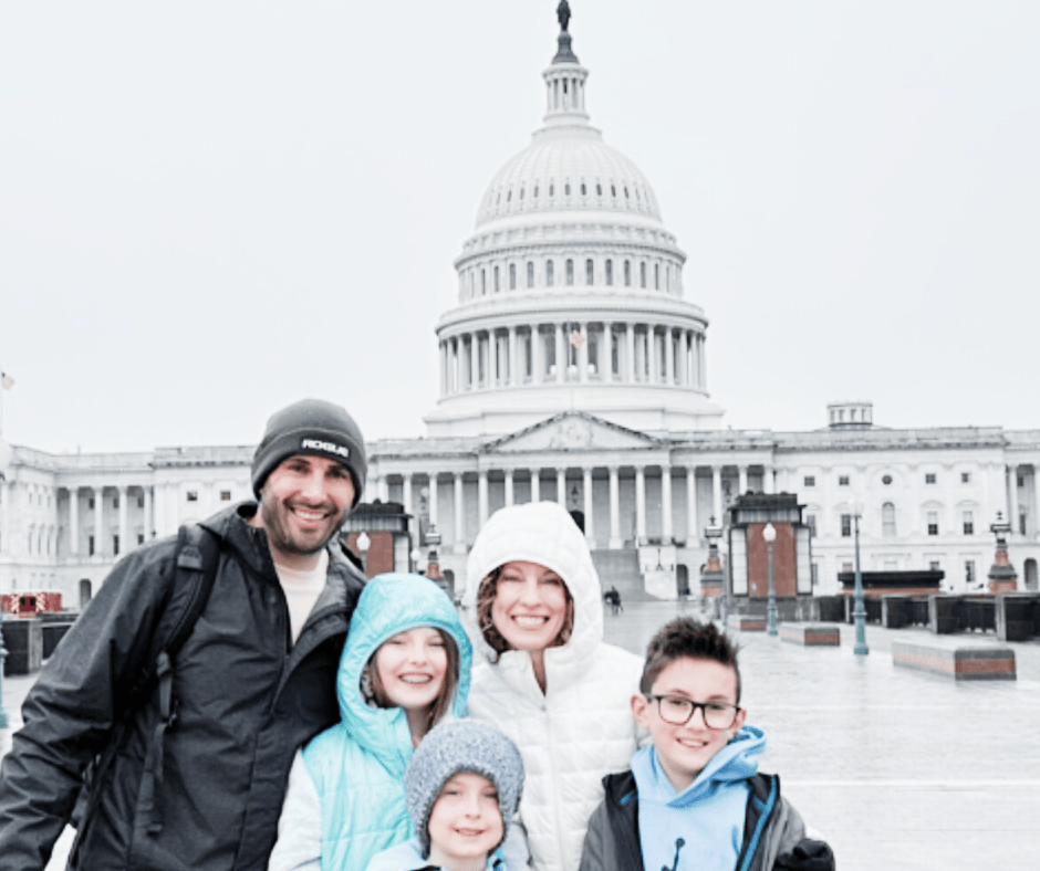 The Page family standing in front of the U.S. Capitol building in Washington, DC, featured by Page Creative as part of its travel storytelling highlighting family experiences and meaningful historic destinations.