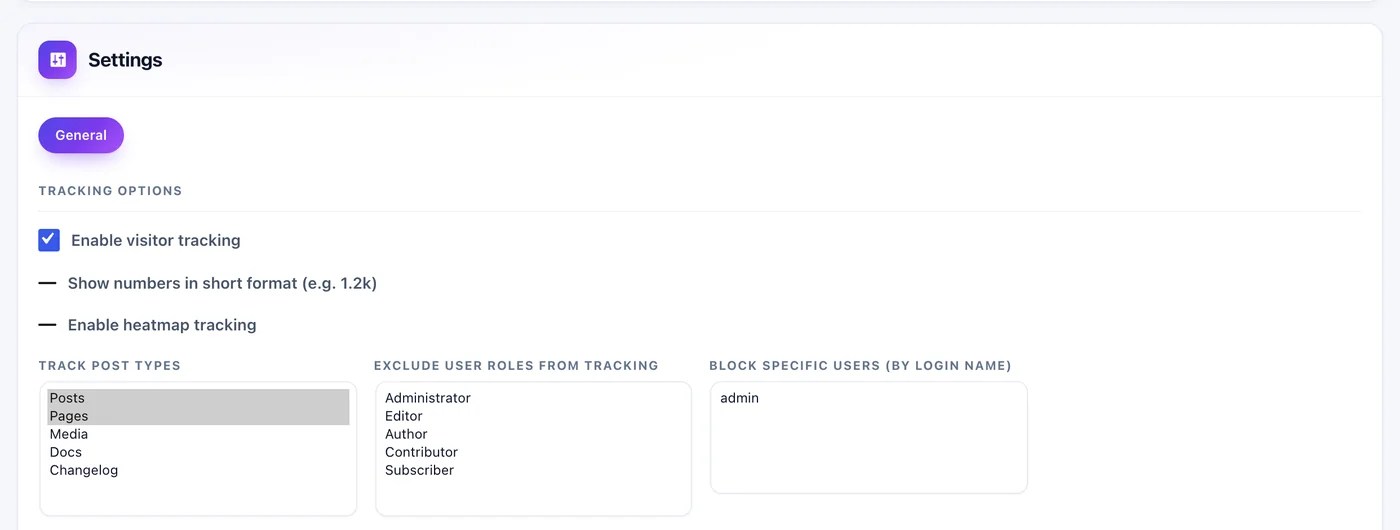 Tracking settings with post types to track and user roles excluded from tracking
