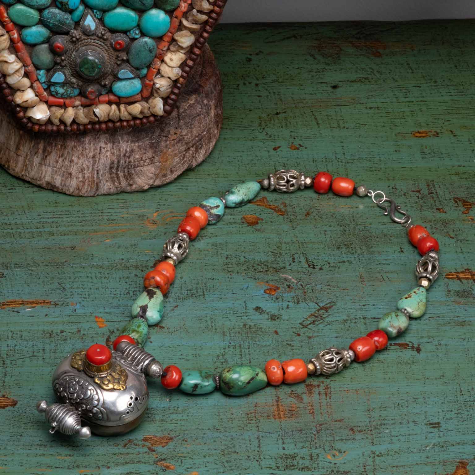 Antique Tibetan Necklace with Silver Gau - Cultural Elegance 