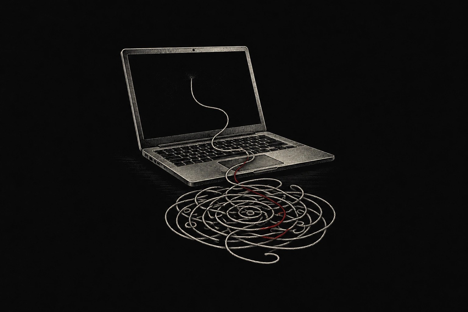 Laptop și un fir înnodat ca un labirint, în gravură.