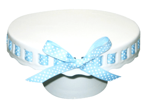 White Skirted Cake Stand with Blue & White Polka Dot Ribbon