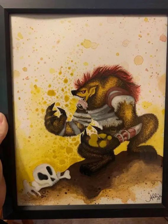 close up of hyena skin Warwick champion from League of Legends watercolor set.