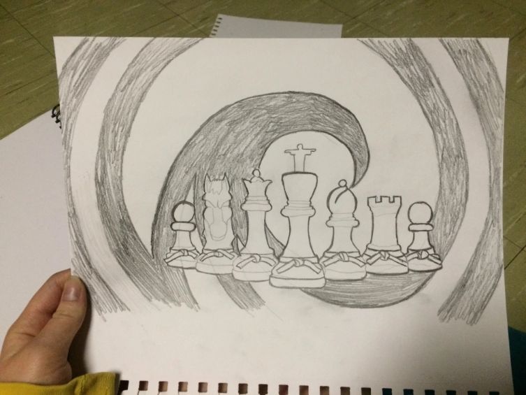 concept that incorporates a wave, chess pieces and jiujitsu belts