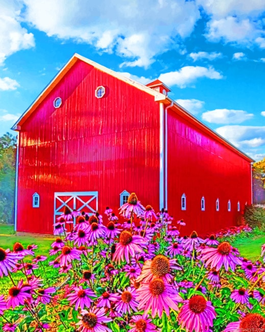 Red Barn In Spring Nature Painting By Numberss.png