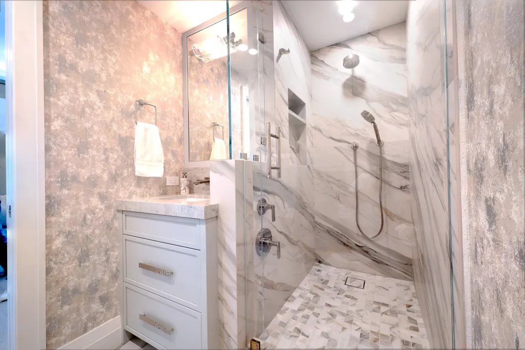 Renovated cabana bathroom with custom finishes