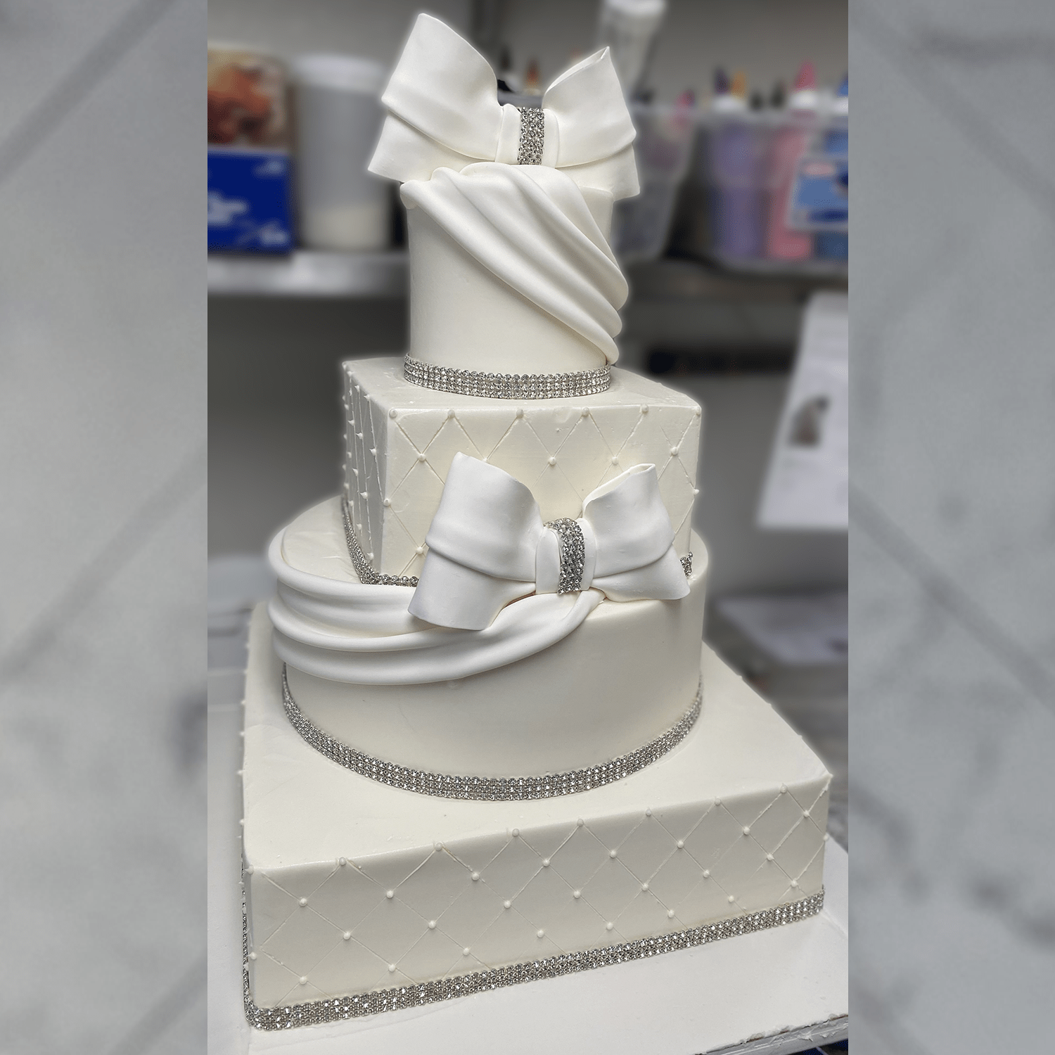 Bows and bling wedding cake