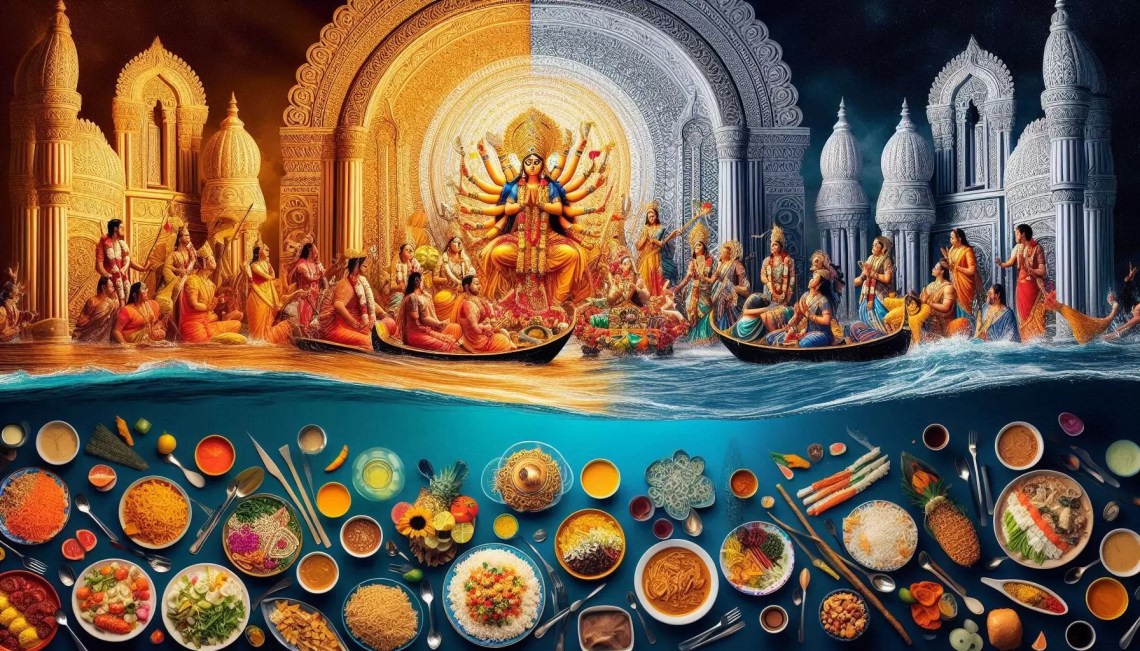 the image reflecting the unique blend of worship and food during Durga Puja in Bengal, showcasing the contrast between fasting and feasting traditions. It captures the vibrant cultural essence beautifully!