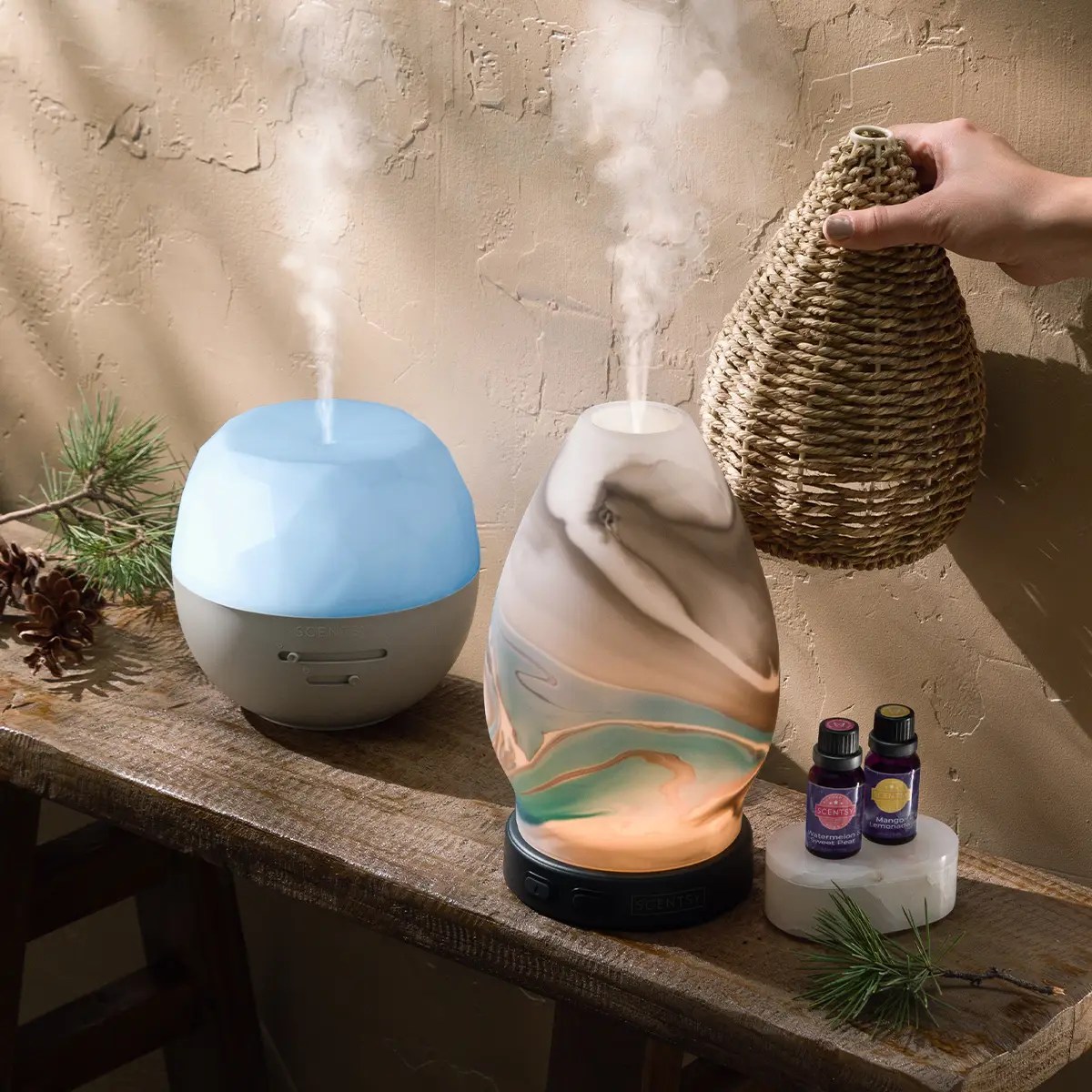 Scentsy essential oils next to a diffuser arranged in a cozy calm corner with soft lighting.