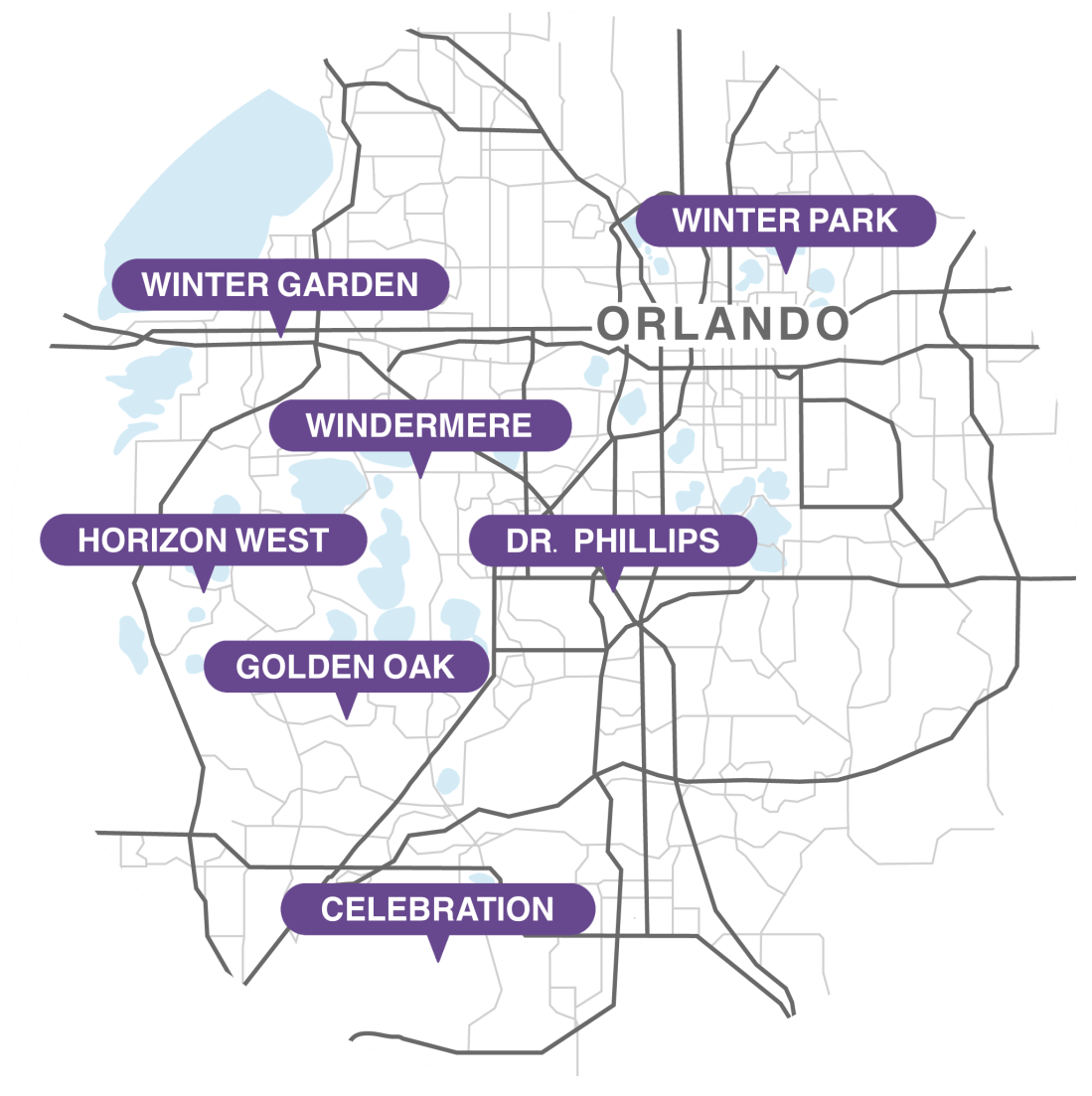 Winter Garden, Windermere, Horizon West, Dr. Phillips, Golden Oak, Celebration, Winter Park.