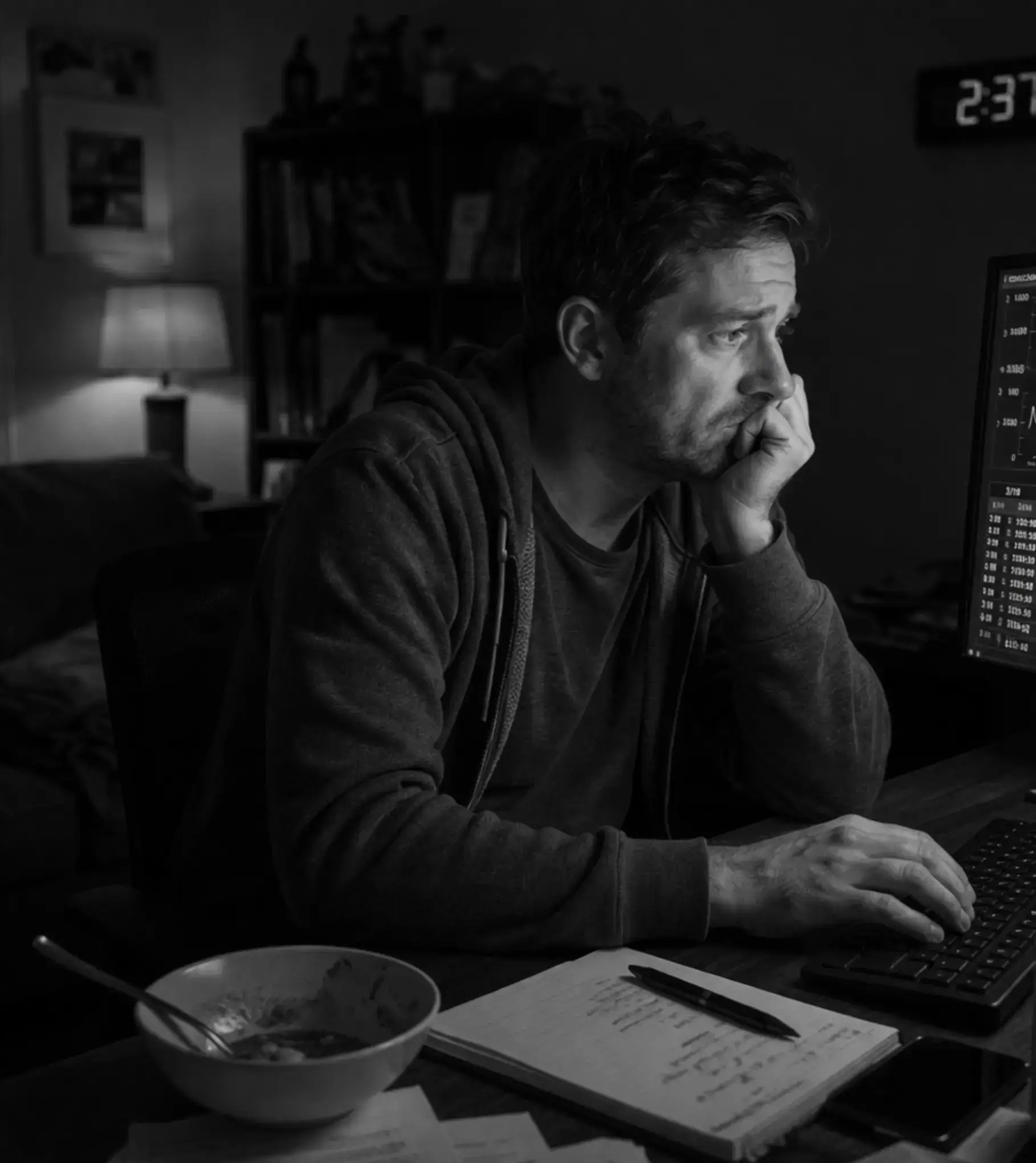 Physician at home late at night reviewing patient charts on a computer, appearing fatigued and emotionally burdened