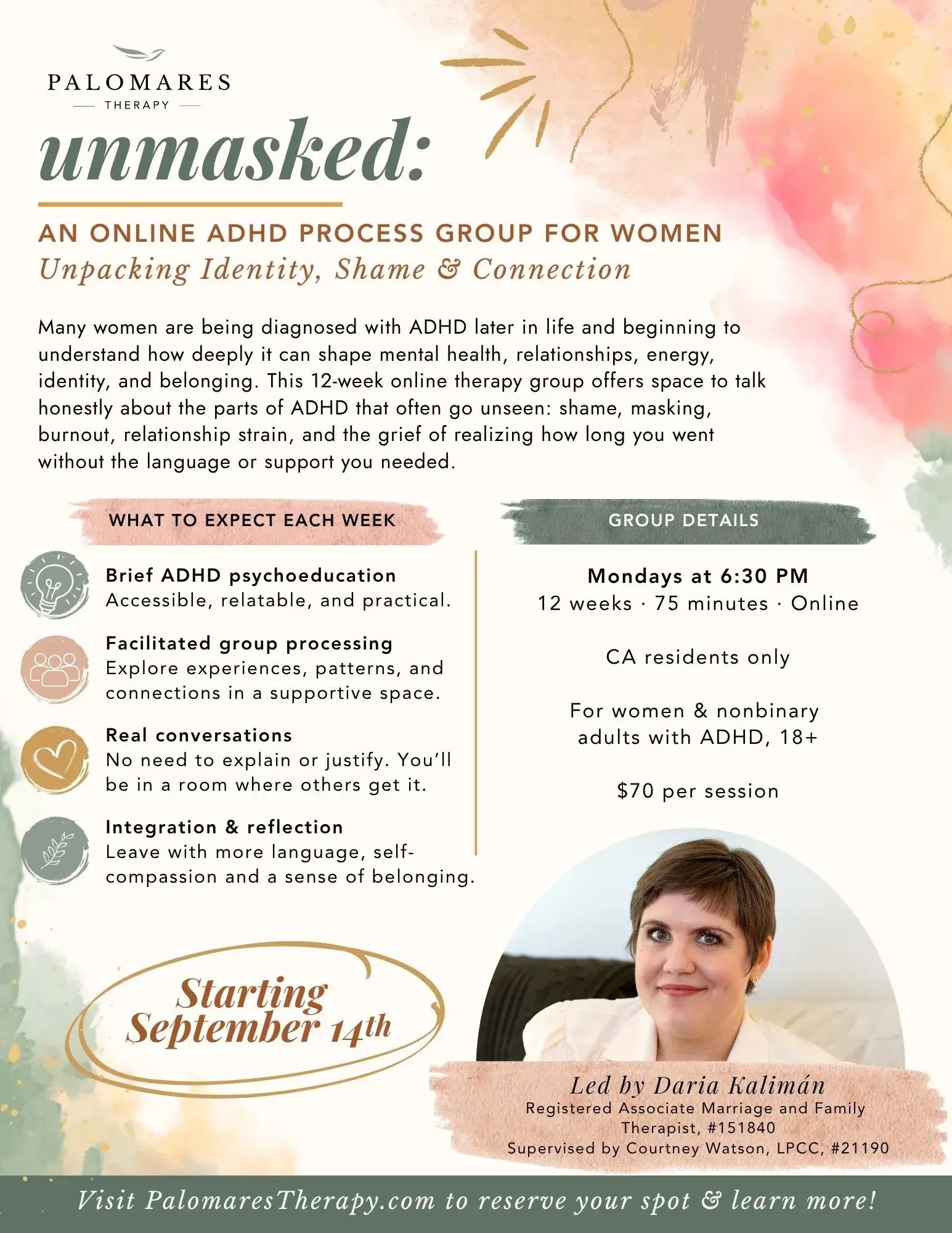 Flyer for Unmasked, a 12-week online ADHD process group for women and nonbinary adults in California, led by Daria Kalimán.