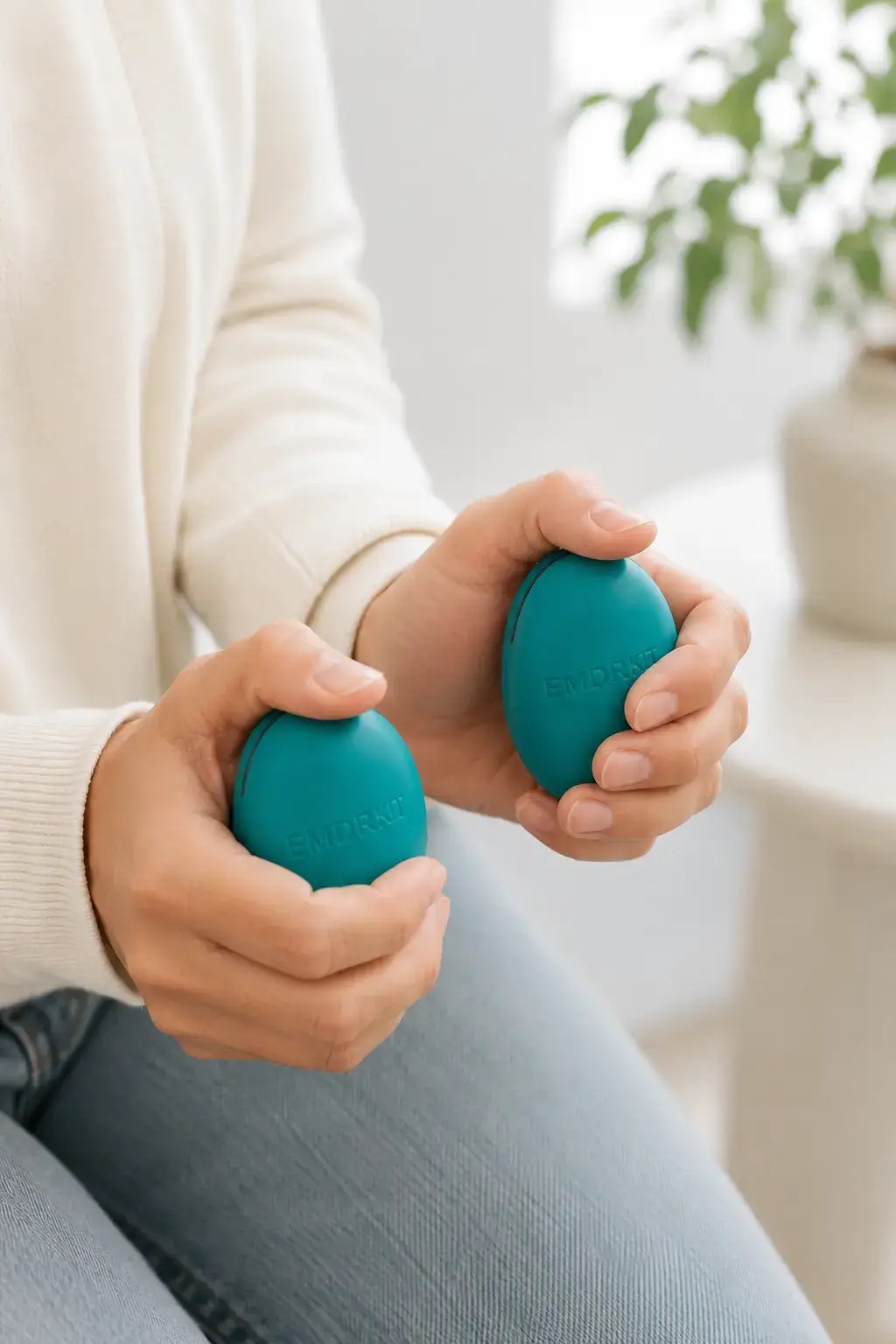 A pair of hands hold EMDR buzzers