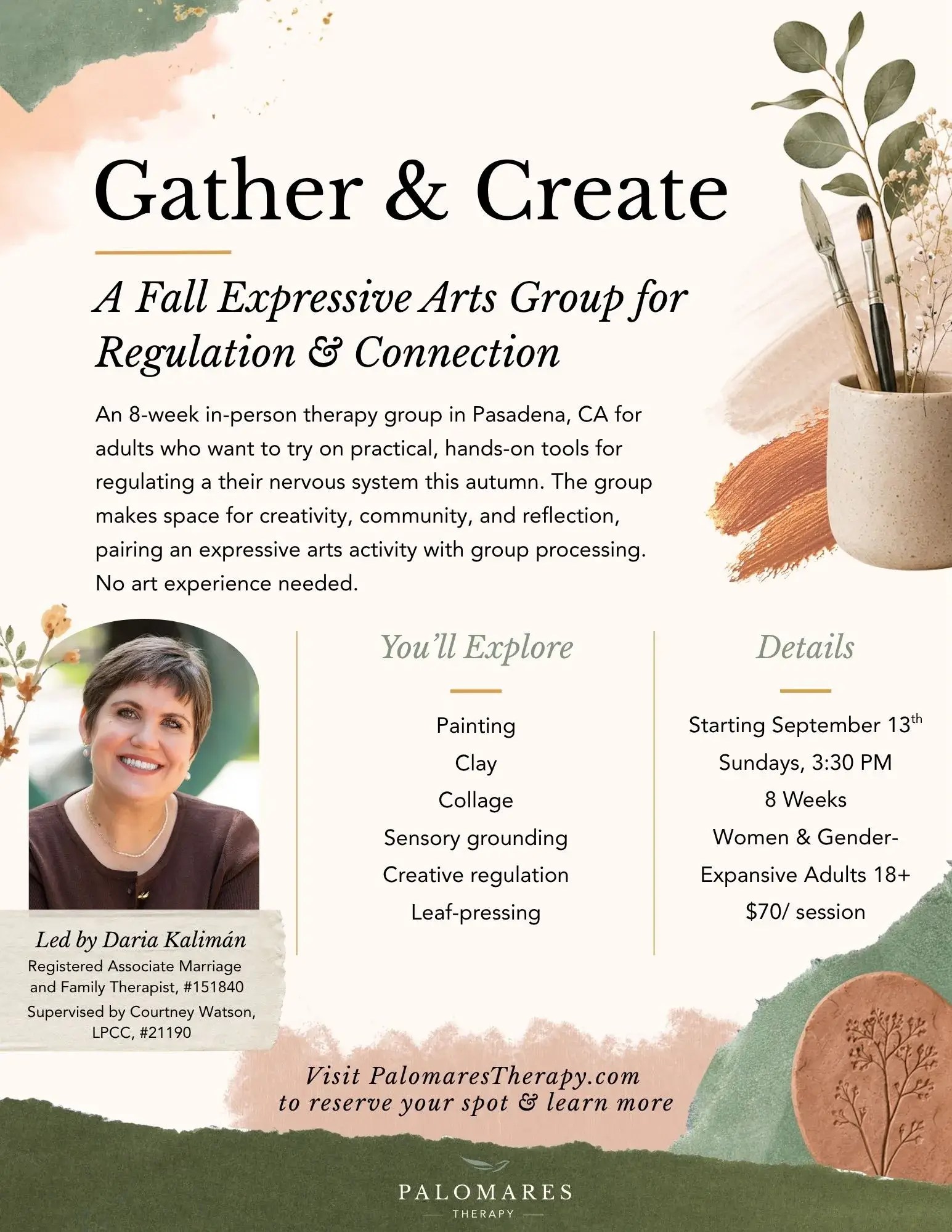 Flyer for Gather & Create, an eight-week expressive arts therapy group for women and gender-expansive adults in Pasadena, California, led by Daria Kaliman.