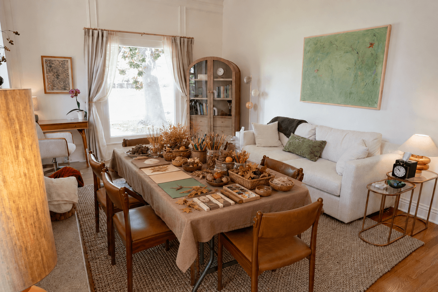 Pasadena therapy office arranged for an expressive arts group, with a central table, chairs, natural art materials, and a comfortable seating area.