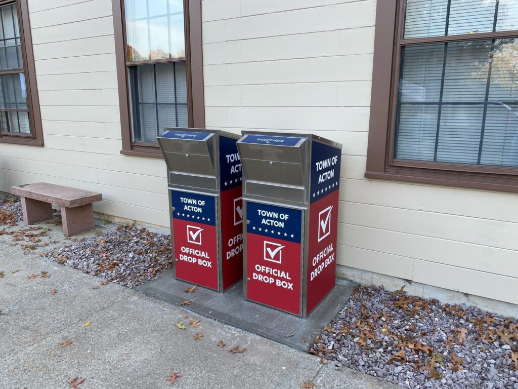 Photo of Town of Acton drop boxes, located next to the Town Hall, on the parking lot side..  