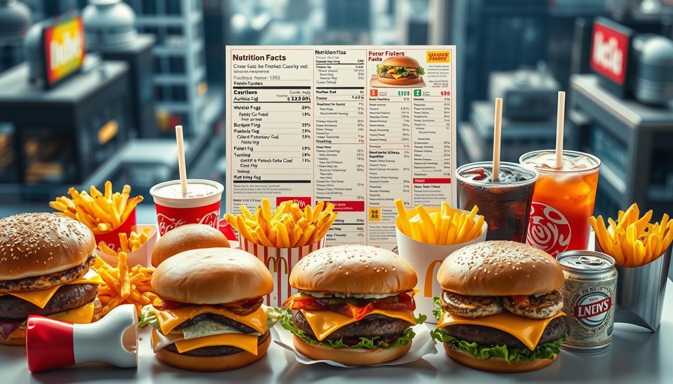 A brightly lit, high-angle photograph showcasing a diverse array of fast food meals. In the foreground, a selection of burgers, fries, and sodas from various popular chains, each item differing in size, color, and nutritional content. The middle ground features a collage of nutrition labels, calorie counts, and ingredient lists, highlighting the variability across seemingly similar dishes. In the background, a blurred cityscape suggests the ubiquity of these establishments. The overall mood is one of clinical examination, inviting the viewer to consider the complexities of eating out in a visually striking manner.