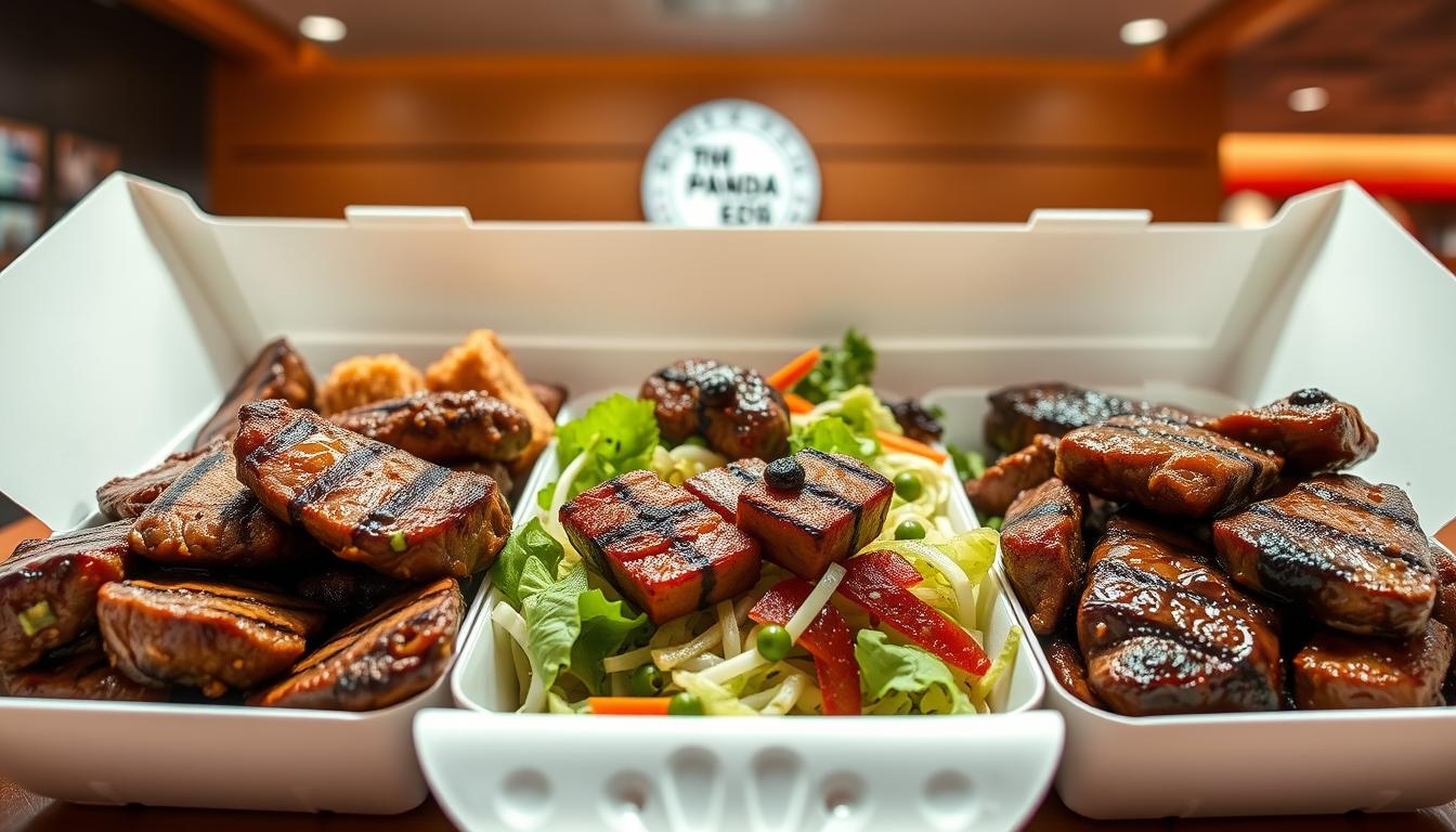 A brightly lit, high-resolution image of a Panda Express takeout container, open and displaying a selection of carnivore-friendly dishes. In the foreground, juicy steak, grilled chicken, and savory beef dishes take center stage, meticulously arranged to showcase their appetizing textures and flavors. The middle ground features a crisp, fresh salad with vibrant greens and crunchy vegetables, offering a balanced complement to the protein-rich entrees. The background subtly suggests the Panda Express restaurant environment, with clean, modern lines and a warm, inviting atmosphere. The overall scene conveys a sense of culinary harmony, where carnivorous diners can indulge in a satisfying, meat-centric meal at the popular fast-casual chain. A brightly lit, high-resolution image of a Panda Express takeout container, open and displaying a selection of carnivore-friendly dishes. In the foreground, juicy steak, grilled chicken, and savory beef dishes take center stage, meticulously arranged to showcase their appetizing textures and flavors. The middle ground features a crisp, fresh salad with vibrant greens and crunchy vegetables, offering a balanced complement to the protein-rich entrees. The background subtly suggests the Panda Express restaurant environment, with clean, modern lines and a warm, inviting atmosphere. The overall scene conveys a sense of culinary harmony, where carnivorous diners can indulge in a satisfying, meat-centric meal at the popular fast-casual chain.