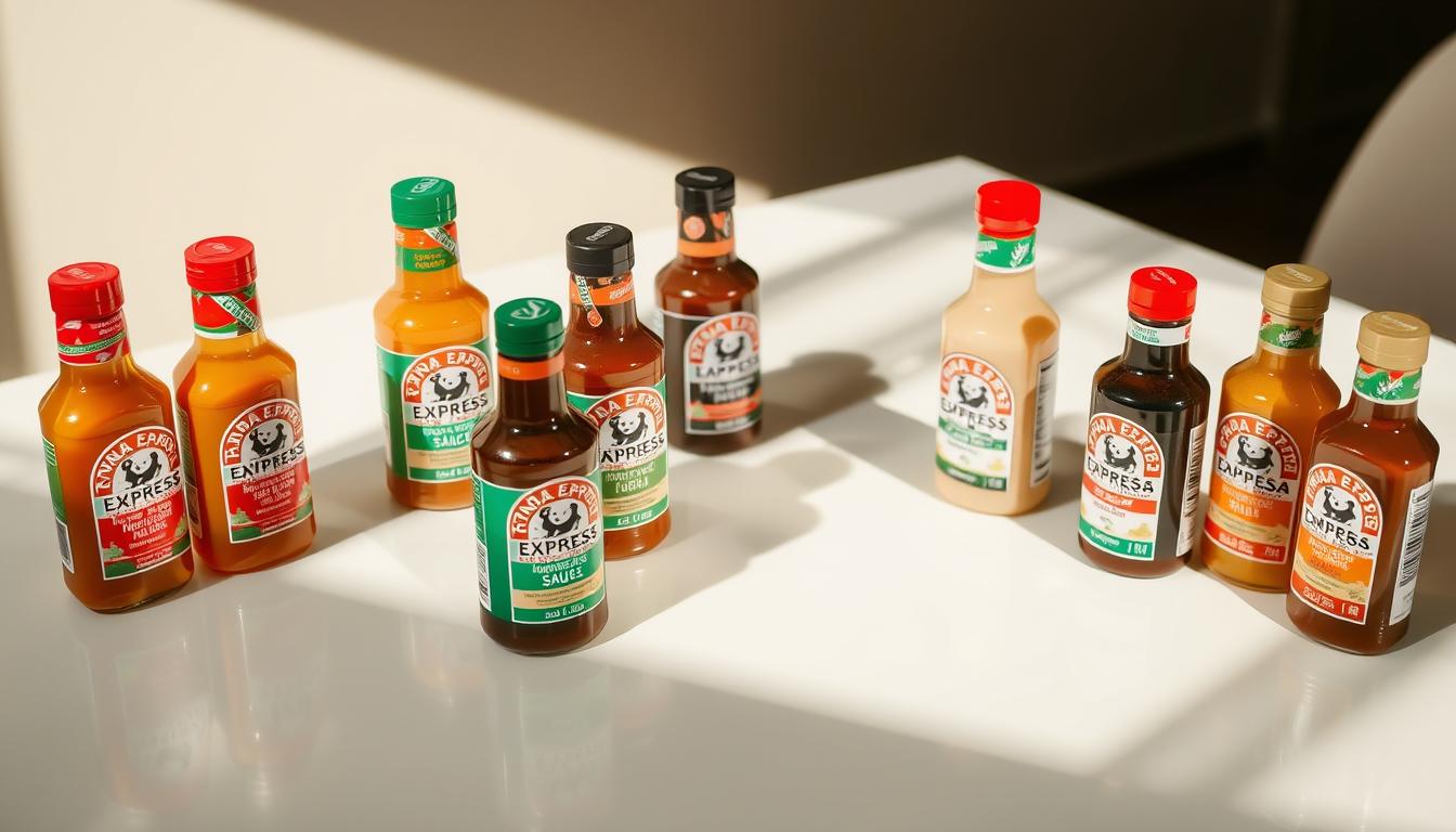 A collection of Panda Express sauces arranged on a clean, minimalist table, with a warm, natural lighting that casts soft shadows, highlighting the vibrant colors and textures of the various condiments. The sauces are positioned in a visually appealing manner, inviting the viewer to imagine how they might be used to enhance a carnivore-friendly meal from the popular fast-food chain. The scene conveys a sense of culinary exploration and the challenge of navigating dietary restrictions while enjoying the flavors of Panda Express.